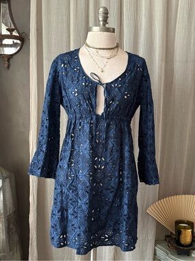 Temptation Positano blue eyelet lace beach cover-up tie dress broderie anglaise
